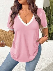 SHEIN Frenchy Plus Size Versatile Fashion Textured Colorblock Short Sleeve T-Shirt For Daily Wear Formal Vacation Pink Summer Casual - Pink - View 6