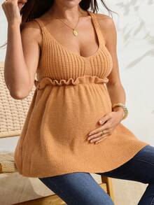 SHEIN Maternity Knit Tank Top, Fitted V-Neck With Ruffle Hem, Casual Cute Minimalist Solid Color Ribbed Camisole For Everyday Wear - Khaki - View 1