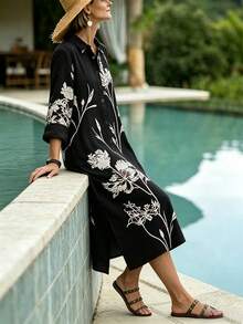 Louniche Gaun Musim Panas Wanita Motif Cetak Pendek untuk Liburan - Hitam dan Putih - View 5