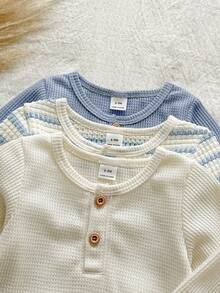SHEIN Vintaside Kids 6件/3套男嬰簡約休閒田園風華夫格針織條紋圓領長袖上衣與配套長褲套裝，適合日常穿著 - 淺藍色 - 查看 8