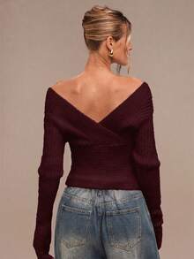 SHEIN BAE Regular Women's Solid Color Off-Shoulder Long Sleeve Fitted Fashion Sweater - Purple - View 8
