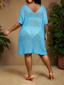 SHEIN CURVE+ Summer Beach Plus Size Batwing Sleeve Split Thigh Cover Up Dress Without Bikini Set, Curve Plus Baby Blue Sexy - Blue - View 2