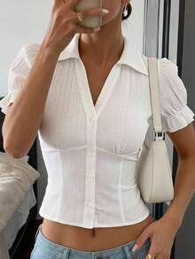 SHEIN EZwear Camisa blanca de mujer de manga corta ajustada con botones delanteros, de verano - Blanco - Ver 10