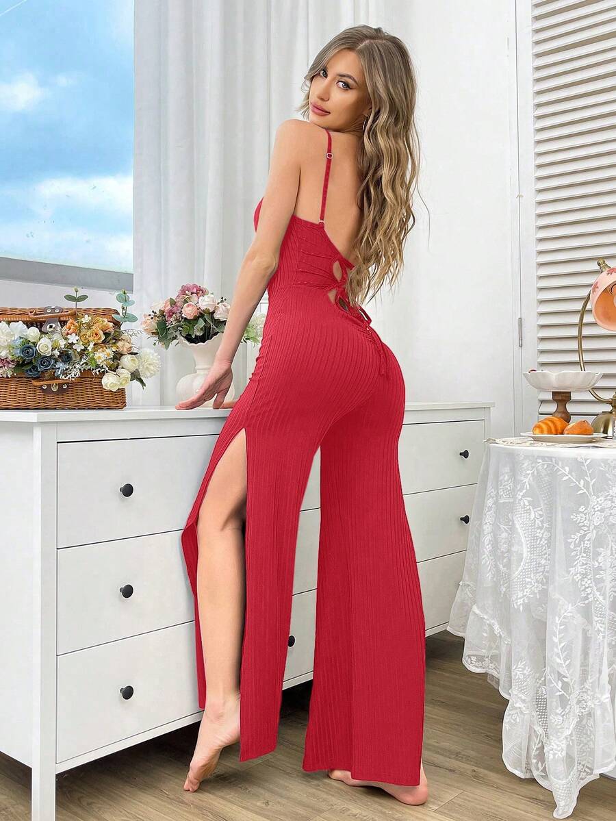 DUSKBASE Mono de tirantes finos acanalado para mujer, ropa de estar por casa - Rojo - Ver 1