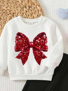 Baby Girl Casual Knit Soft Thickened Round Neck Long Sleeve Sweatshirt & Tight Leggings, Suitable For Autumn/Winter Bow Print Cute Pink - Multicolor - View 3