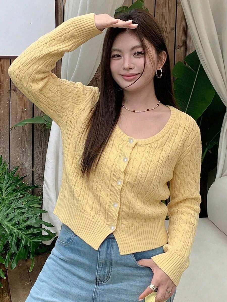 Dazy Plus 女款大尺碼黃色編織麻花針織短版長袖開襟衫,春夏可愛上衣 - 黃色 - 查看 1