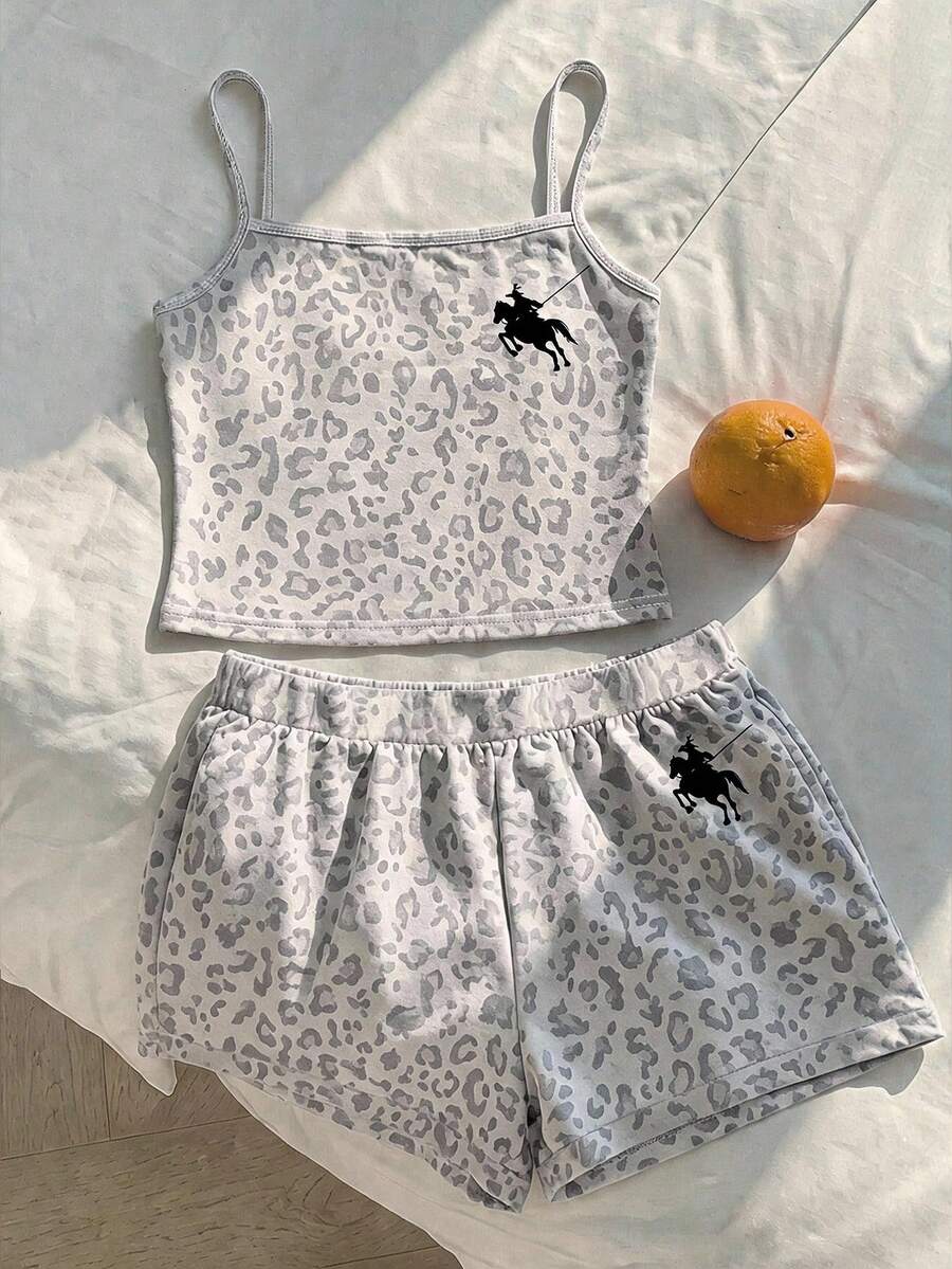 SHEIN 8-12歲女童兩件套-淺灰色豹紋騎士刺繡細肩帶背心搭配鬆緊腰短褲,夏季休閒童裝套裝 - 彩色 - 查看 1