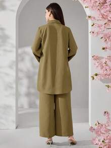 Veilorie 女款素色鏤空百褶長袖上衣與長褲休閒日常兩件套 - 卡其色 - 查看 6