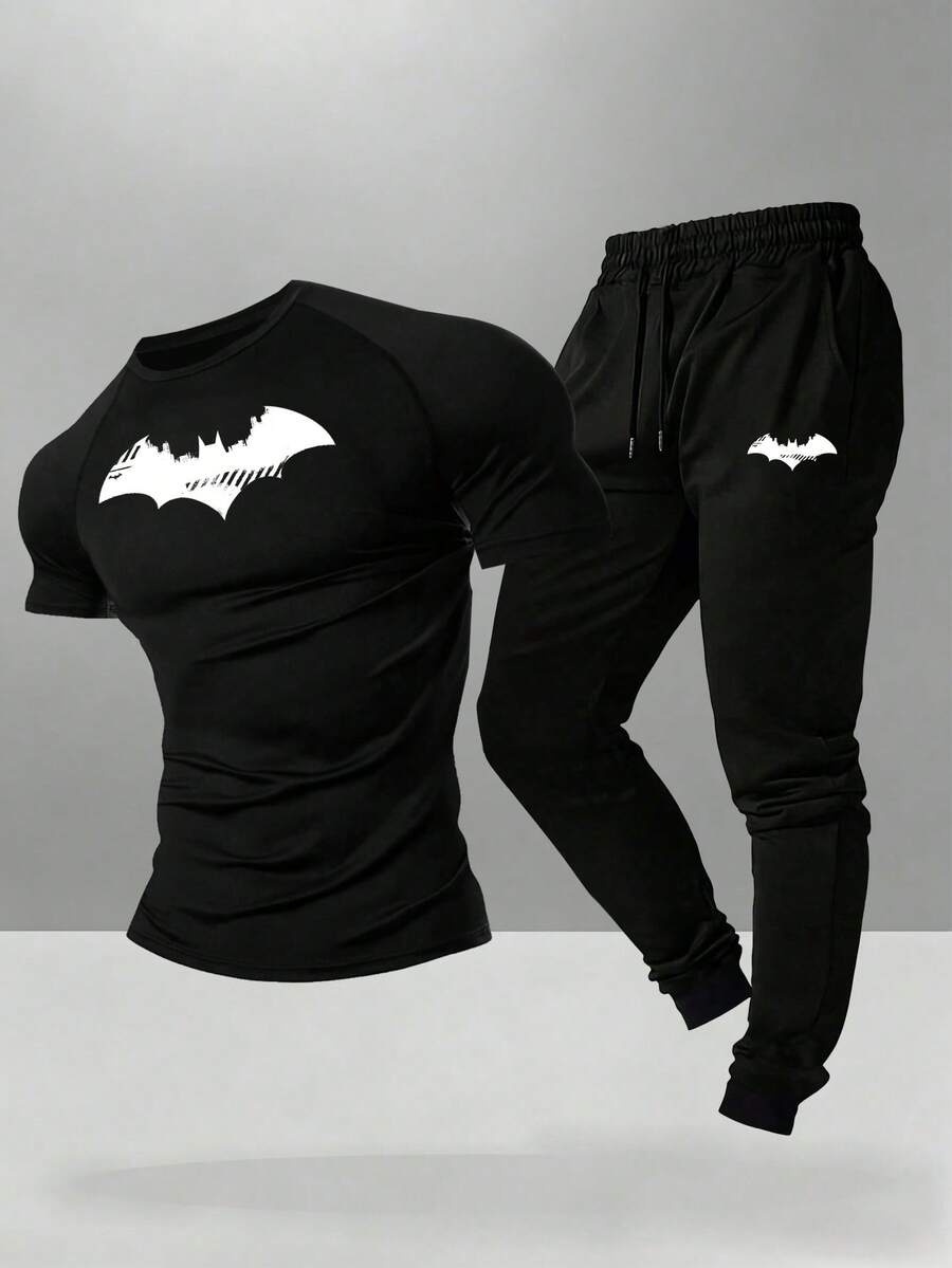 BATMAN X SHEIN RISE LYT 男士印花拼色圓領短袖T恤與抽繩腰口袋長褲運動套裝,健身房適用 - 黑色 - 查看 1