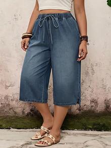 EMERY ROSE Plus Size Drawstring Tie Pocket Slit Straight Leg Ankle Pants Formal Vacation Blue Summer Casual Traditional - Blue - View 7