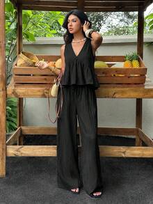 SHEIN EZwear 女款素色深V領百褶上衣與長褲休閒日常套裝 - 黑色 - 查看 8