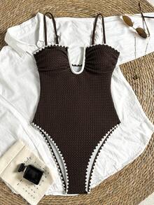 Bonvoyette Spring/Summer New Women's Beach Vacation Sexy Brown  Deep-V Strapless One-Piece Swimsuit - Coffee Brown - View 3