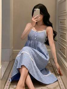 DAZY Floral Pattern Lace Patchwork Sleeveless Spaghetti Strap Cinched Waist Nightgown Women's Loungewear Dress Pajamas - Blue - View 5