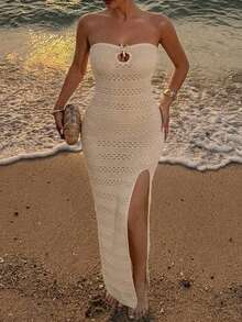 Livesso Women's Vacation Beach Strapless Side Slit Knit Cover-Up Dress Summer - Apricot - View 6