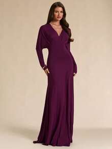 SHEIN BAE Autumn/Winter Solid Purple Deep V-Neck Long Sleeve Fitted Slim Long Knit Dress - Purple - View 7