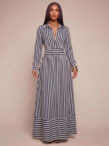 Radiana Women's French Elegant Navy And White Vertical Striped Collared Slim Fit Full Skirt Dress Shirt Dress Work Old Money Style Office Autumn - Blue and White - View 5