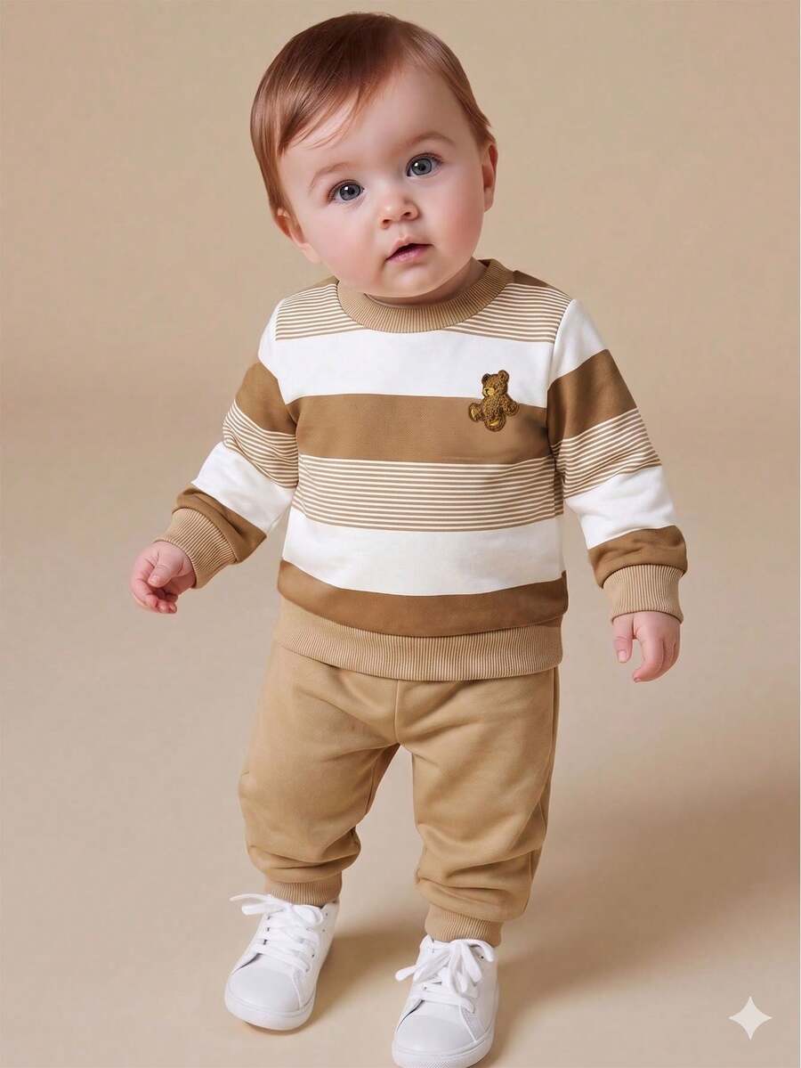 SHEIN Playful Pals 寬條紋熊刺繡休閒可愛日系男嬰衛衣套裝，城市度假派對穿搭，黑白波點藍色秋季款
