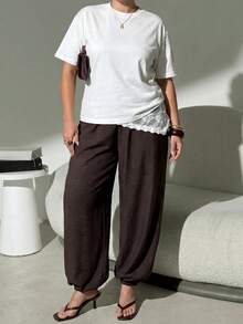 SHEIN Tall CURVE Plus Size Women's Chocolate Brown Drawstring Pants Vacation Autumn Elegant Fall Formal Casual Elegant Business Carribean - Brown - View 4