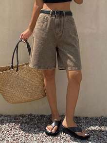 DAZY 夏季新款舒適休閒寬鬆女款牛仔膝長短褲 - 棕色 - 查看 5