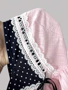 Sunspun Plus Size Women's Patchwork Polka Dot Pattern Bow Decor Ruffle Hem Blouse - Baby Pink - View 8