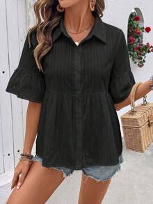 SHEIN Holidaya 女款時尚簡約條紋單排扣襯衫，商務休閒風 - 黑色 - 查看 4
