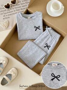 Cozy Pixies Set Pakaian Bayi Perempuan Kasual Lucu Rajut Abu-abu Motif Pita Atasan Lengan Panjang Berkerut Leher Bulat + Celana Flare - Grey - View 8