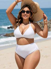 Swim Lushoire Plus Size Solid Color Backless Halter Neck Swimsuit Top - White - View 3
