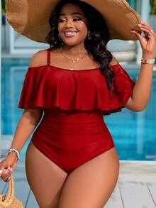 Slaydiva Plus Size Women's Ruched One-Piece Swimsuit, Suitable For Beach Vacation, Pool Party, Beach Party - Red - View 6