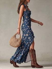 EMERY ROSE Women's Fashion Ruffle Lace Trim Spaghetti Strap Full Print Dress - Blue - View 3