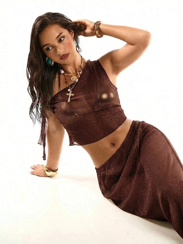 Bonvoyette Women's Solid Color One-Shoulder Top And Slit Design Skirt Casual Sexy Daily Cover-Up Set Beach Vacation Chocolate Brown Summer - Brown - View 5