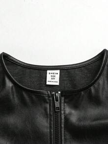 SHEIN Tween Girl PU Lapel Waist-Cinching A-Line Long Sleeve Black Jacket, Suitable For Fall/Winter - Black - View 4