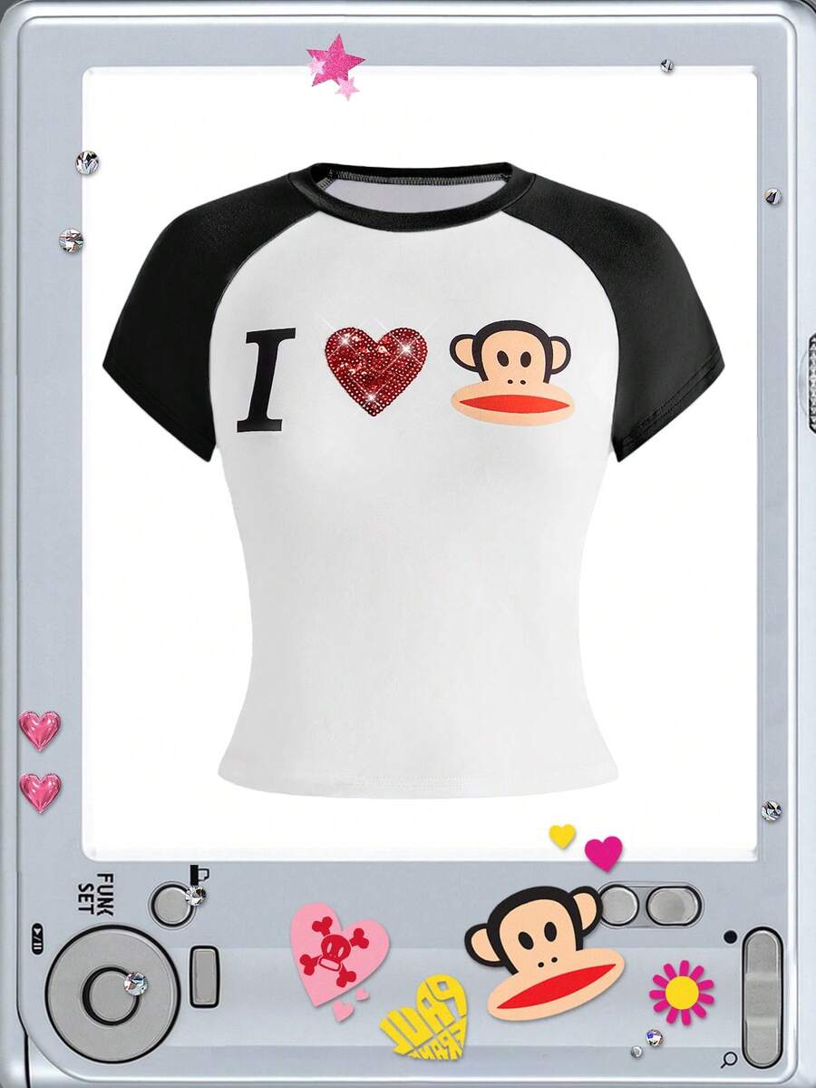 Paul Frank X ROMWE Camiseta ajustada de manga raglán con estampado I Love de marca compartida para mujer, estilo casual subcultura - Negro - Ver 1