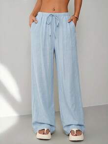 SHEIN PETITE Pantalones largos de unicolor, versátiles y holgados, para mujeres de talla pequeña - Azul - Ver 3