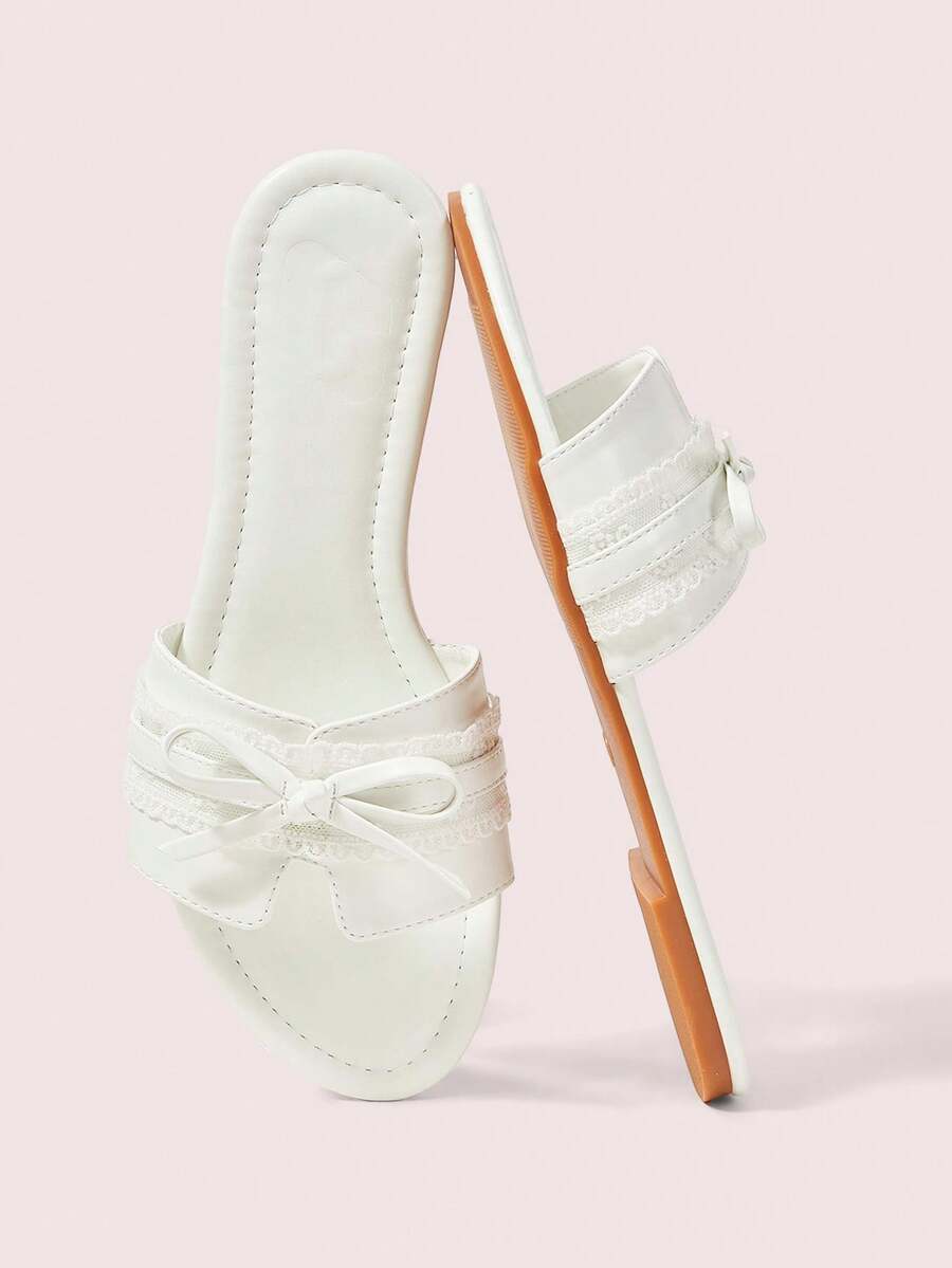 CUCCOO DOLLMOD Nya franska sagostils-sandaler för kvinnor med mjuk rosett och öppen tå, små toffelsandaler - Beige - Visa 1
