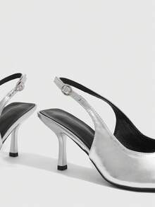 CUCCOO SZL Women's Spring New Silver Thin Heel Buckle Closed Toe Shoes Versatile Fairy Rhinestone Shoes Mid-Heel Pointed Slingback High-Heeled Shoes - Silver - View 3