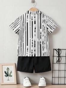 SHEIN 小男孩夏季休閒條紋襯衫與純色短褲兩件套 - 黑色 - 查看 2