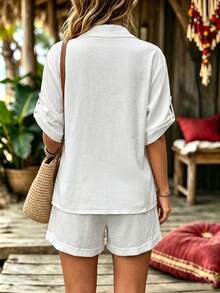 Zayélia Apricot Short Sleeve Shirt With Button Decor + Apricot Pleated Short Sleeve 2 Pieces Set, Casual Daily Commute Vacation - Apricot - View 2