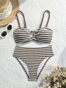 Swim Vcay 女款夏季海灘條紋拼色細肩帶比基尼三角褲兩件式泳衣套裝 - 棕色 - 查看 4