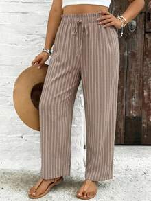 EMERY ROSE Striped Pattern Comfortable Fabric Plus Size Women's Striped Loose Casual Pants With Drawstring Waist And Ruffle Hem Fall - Multicolor - View 5