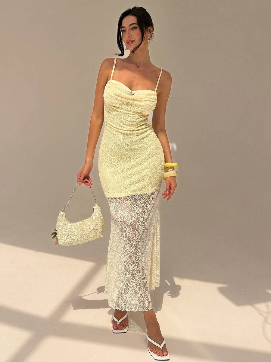 Glamine Women's Lace Patchwork Backless Spaghetti Strap Dress Vacation Light Yellow Summer Elegant - Butter Yellow - View 1