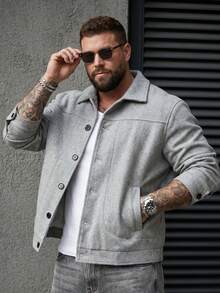 Manfinity Homme Veste courte à la mode à manches longues pour hommes grande taille pour l'automne/l'hiver, veste en laine, convient pour sortir, travailler, voyager, faire la fête et d'autres occasions. C'est un excellent cadeau pour les couples, les petits amis, les maris ou les amis. Gris - Gris - Voir 3