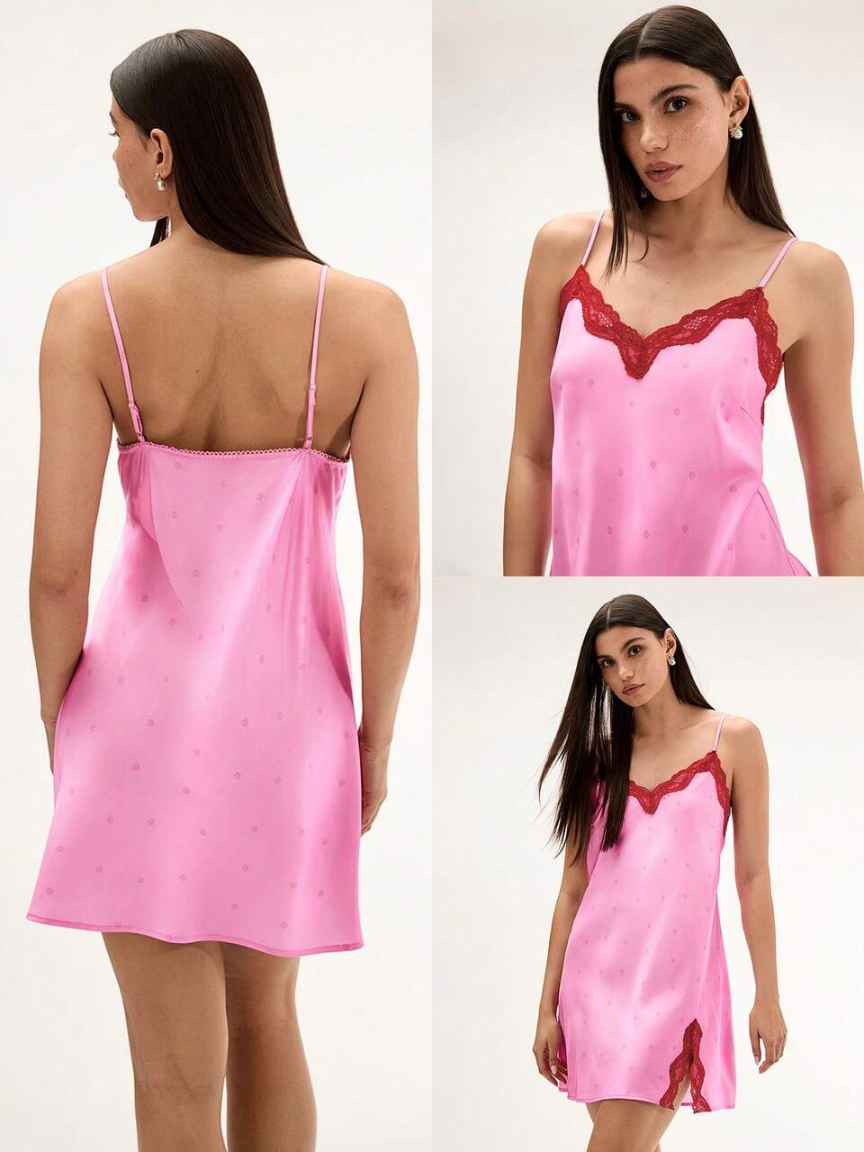 Sexy Silky Satin Lace Trim Pink Strappy Nightdress