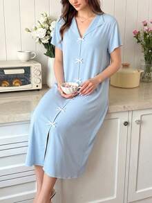 Snug Reverie Women's Casual Lapel Solid Color Ice Silk Bow Short Sleeve Loungewear Dress - Baby Blue - View 4