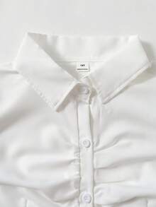 SHEIN All-Season Teen Girls Elegant Design Pleated Waist Solid Color Versatile All-Match Style Cuffed Collar Shirt Suitable For Daily Commute Casual Vacation... - White - View 2