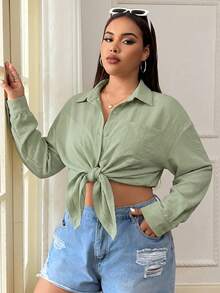 SHEIN EZwear Kemeja Wanita Ukuran Besar Warna Hijau Mint dengan Tekstur dan Kantong, Model Kancing Tunggal - Mint Green - View 3