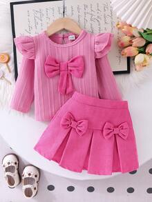 SHEIN Playful Pals 嬰兒女童白色針織紋理布料短袖長袖上衣與粉色燈芯絨裙 T-shirt 兩件套，甜美可愛兒童套裝 - 粉色 - 查看 5