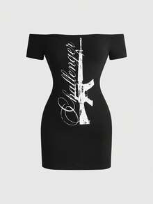 ROMWE Grunge Punk Summer Outfits Music Festival Punk Slogan Print Off Shoulder Fitted Mini Dress - Black - View 3