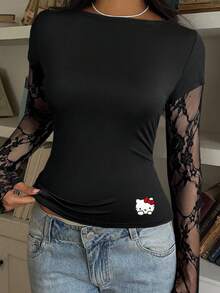 CovetEZ HELLO KITTY AND FRIENDS | SHEIN 休閒性感可愛風聯名款 95% 棉夏季休閒黑色針織蕾絲拼接 2 合 1 女款長袖上衣，適合春季、夏季、初秋 - 彩色 - 查看 4