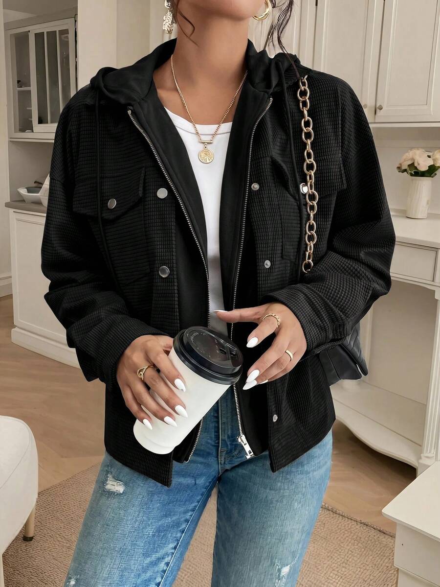 SHEIN Frenchy 女款純色連帽拉鍊休閒百搭日常長袖外套 - 黑色 - 查看 1