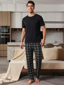 SHEIN Provexi Men's Solid Color Crew Neck Short Sleeve Top And Plaid Long Pants Casual Daily Home Wear Set - Black - View 3